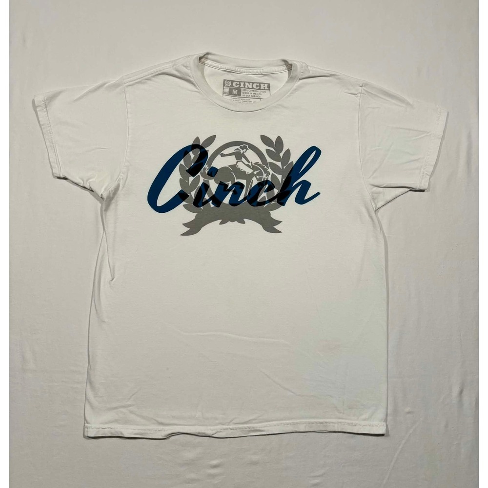 Cinch Mens Graphic T-Shirt White Blue Logo Bronc Rider Western Crew Neck Size M